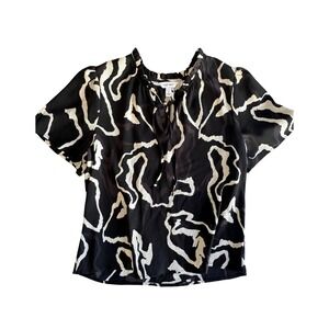 Nine West Women Black White Abstract Print Ruffle Tie Neck Blouse Size L‎
